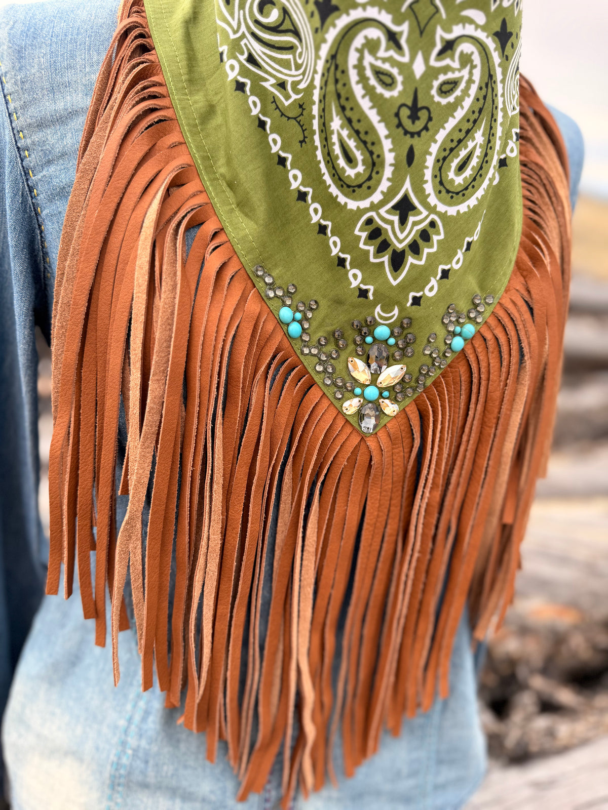 Embellished Fringe Bandana - Olive