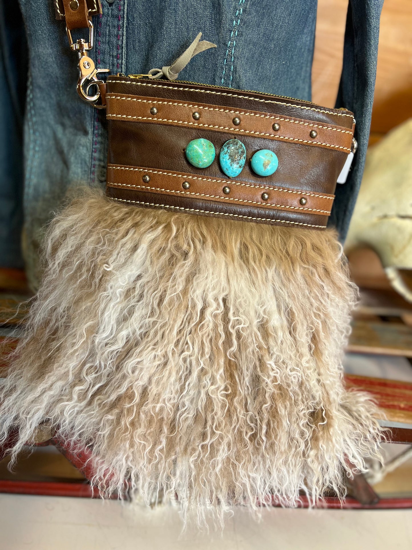 Crossbody Bag - Tibetan Lamb & Kingman Turquoise