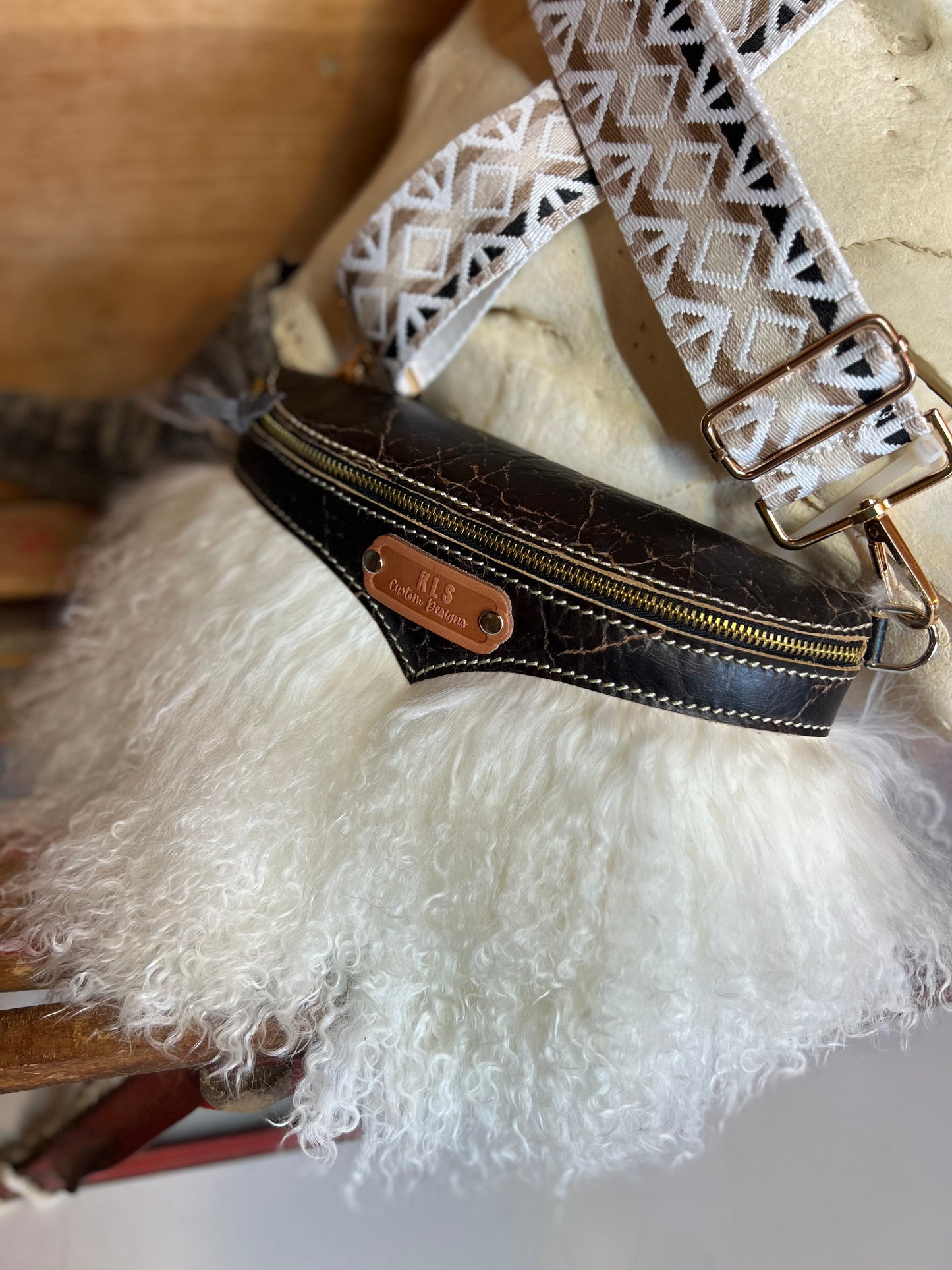 Sling Bag - Tibetan Lamb - Dark Brown & White