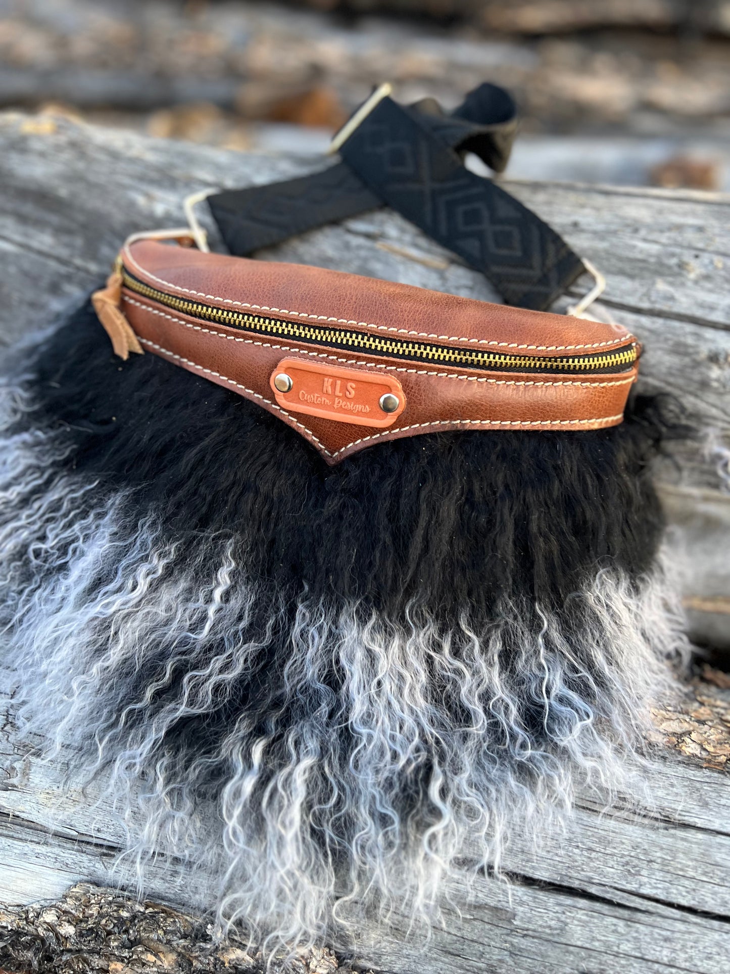 Sling Bag - Tibetan Lamb - Saddle Brown Leather + Black/White Tibetan