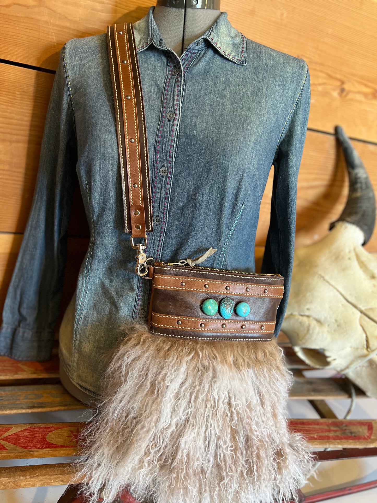 Crossbody Bag - Tibetan Lamb & Kingman Turquoise