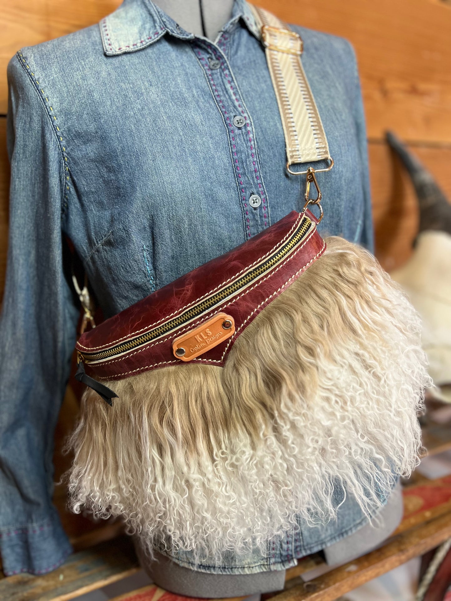 Sling Bag - Tibetan Lamb - Burgundy & Sand/Beige