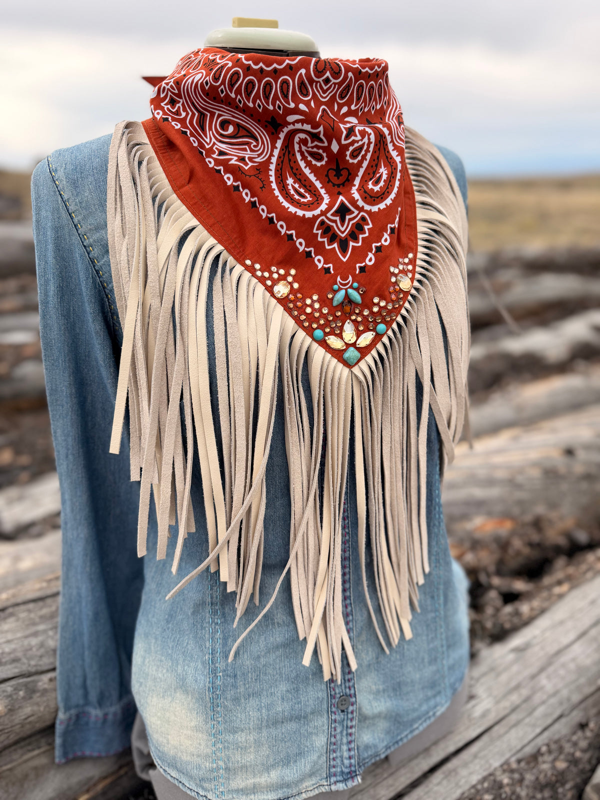 Embellished Fringe Bandana - Rust