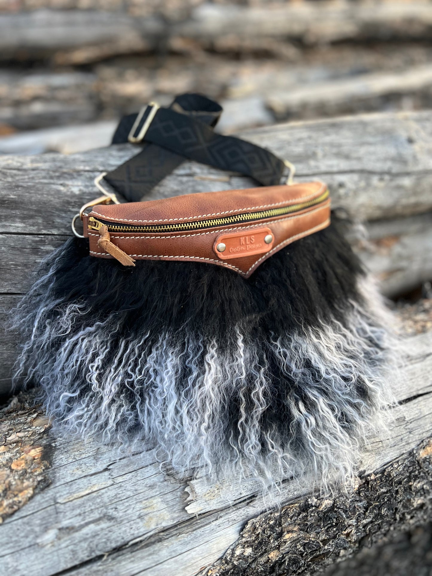 Sling Bag - Tibetan Lamb - Saddle Brown Leather + Black/White Tibetan