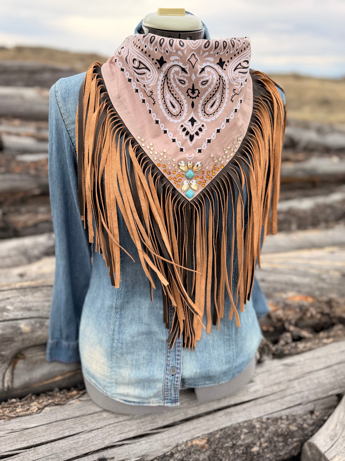 Embellished Fringe Bandana - Taupe