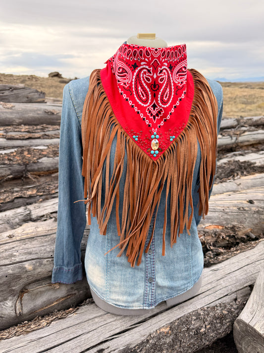 Embellished Fringe Bandana - Red