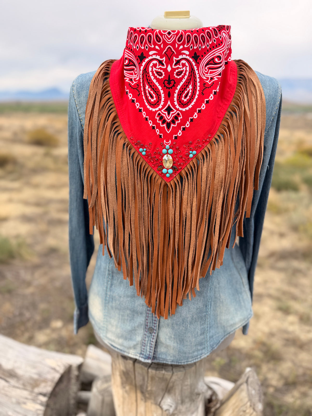 Embellished Fringe Bandana - Red