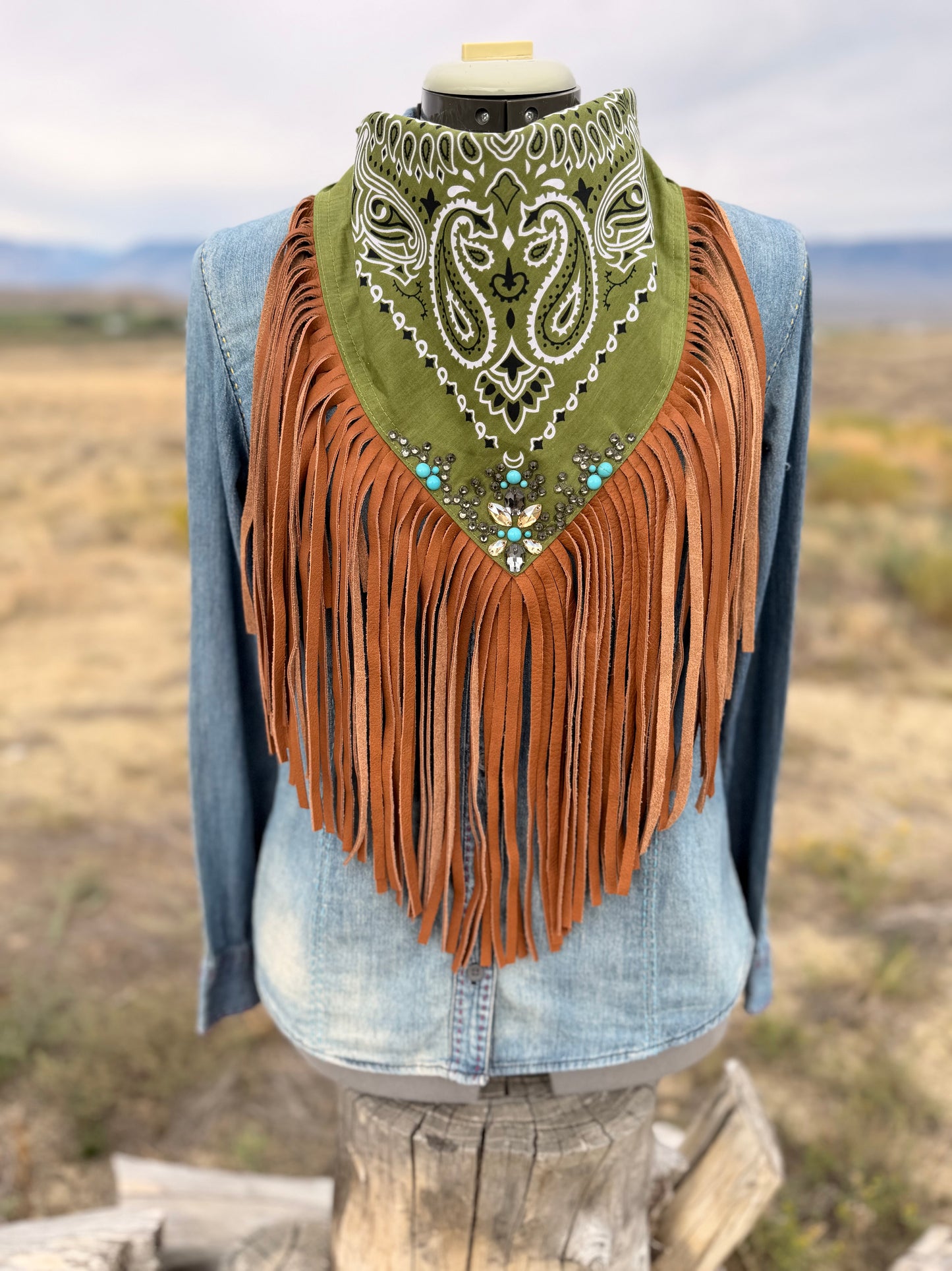 Embellished Fringe Bandana - Olive