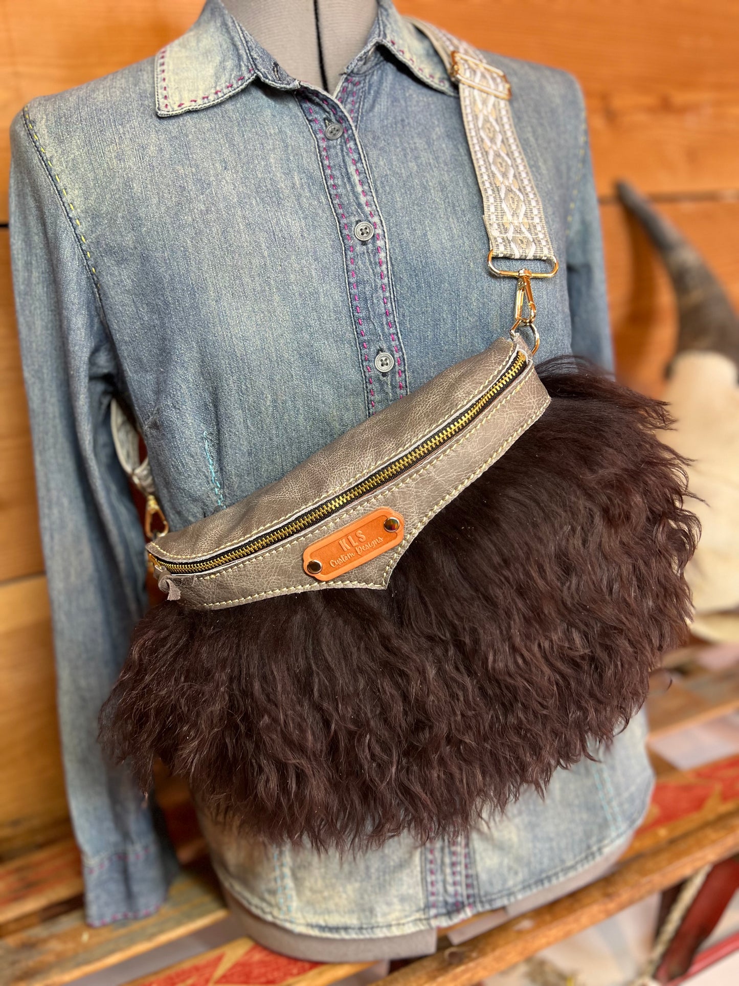 Sling Bag - Tibetan Lamb - Gray & Chocolate