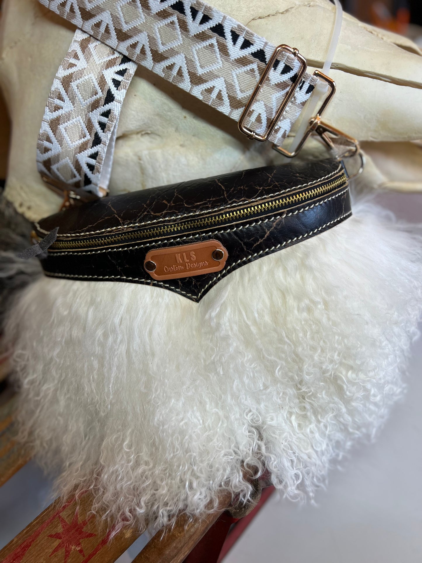 Sling Bag - Tibetan Lamb - Dark Brown & White