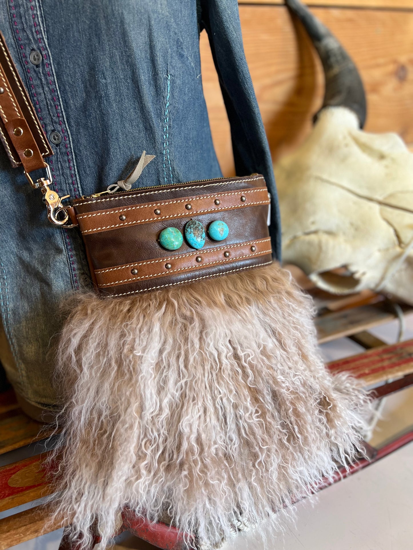 Crossbody Bag - Tibetan Lamb & Kingman Turquoise