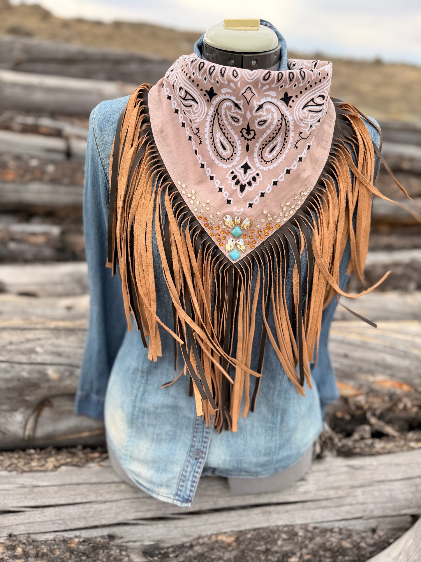 Embellished Fringe Bandana - Taupe