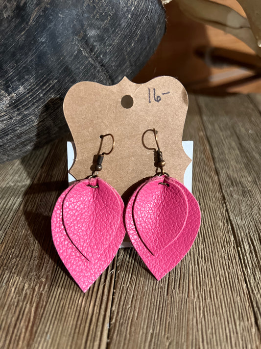 Leather Teardrop Earrings ~ Pink