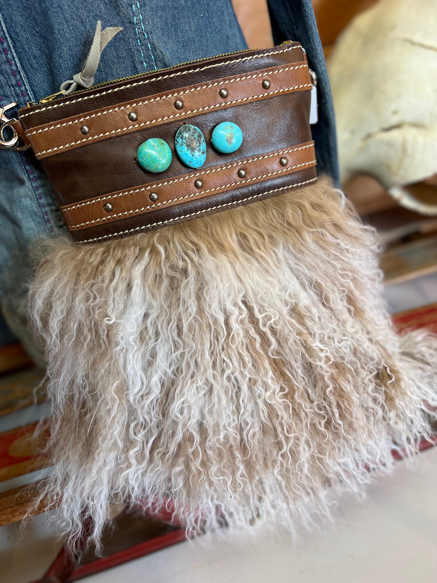 Crossbody Bag - Tibetan Lamb & Kingman Turquoise