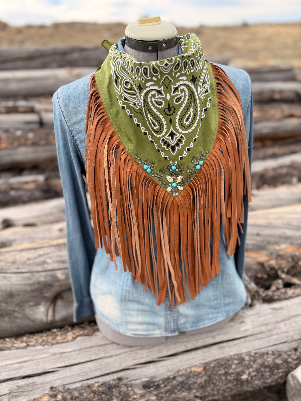 Embellished Fringe Bandana - Olive