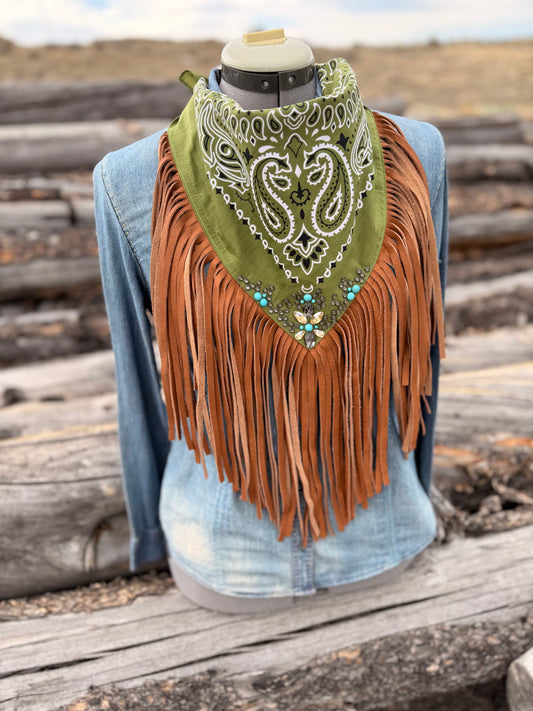 Embellished Fringe Bandana - Olive