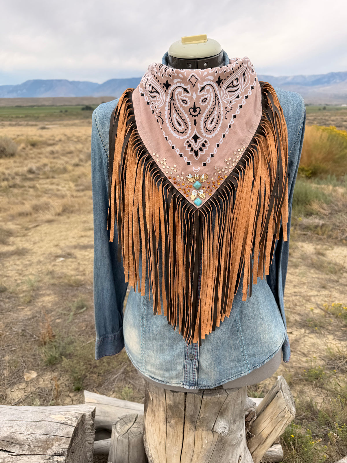 Embellished Fringe Bandana - Taupe