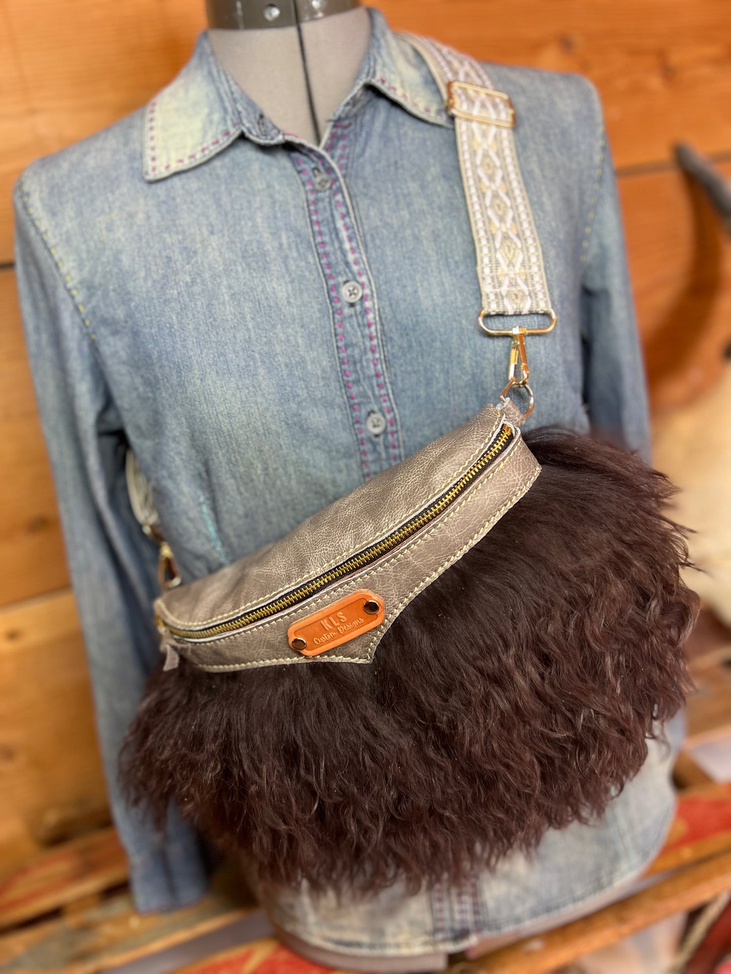 Sling Bag - Tibetan Lamb - Gray & Chocolate