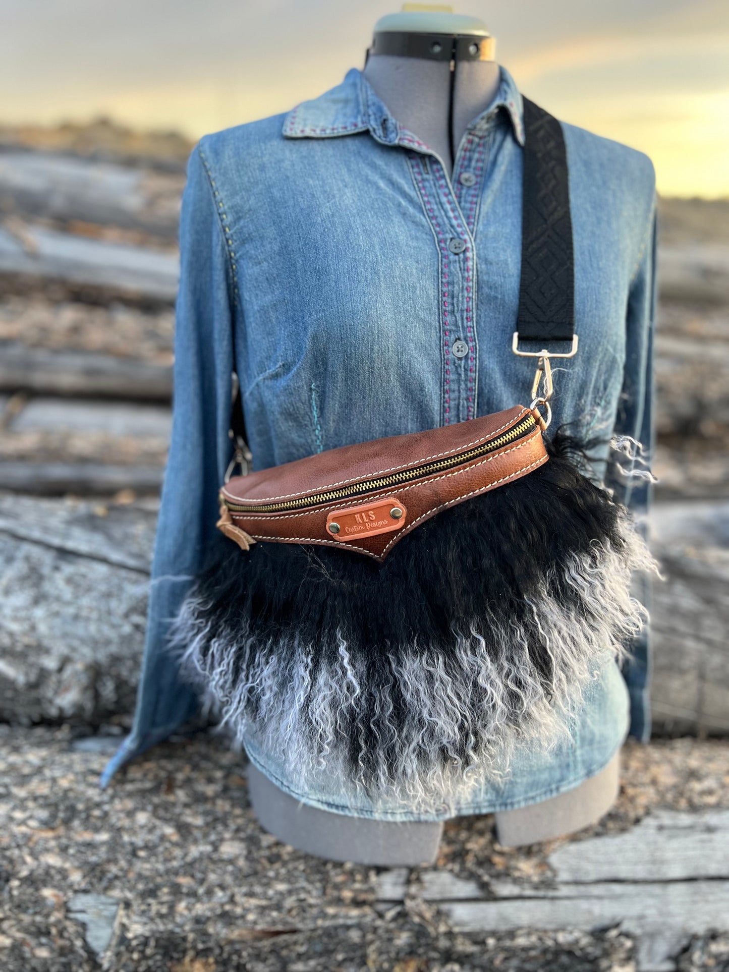 Sling Bag - Tibetan Lamb - Saddle Brown Leather + Black/White Tibetan