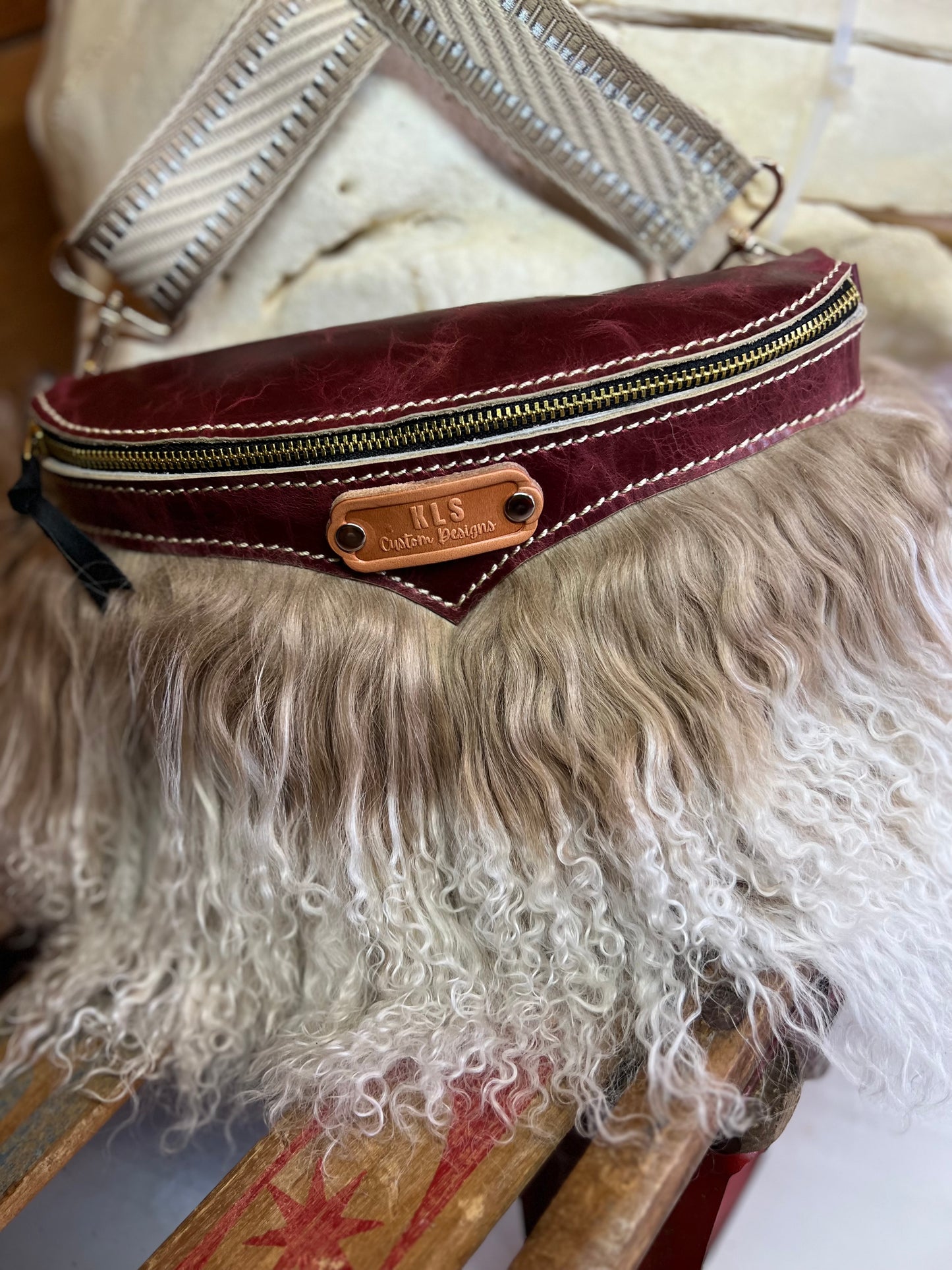 Sling Bag - Tibetan Lamb - Burgundy & Sand/Beige