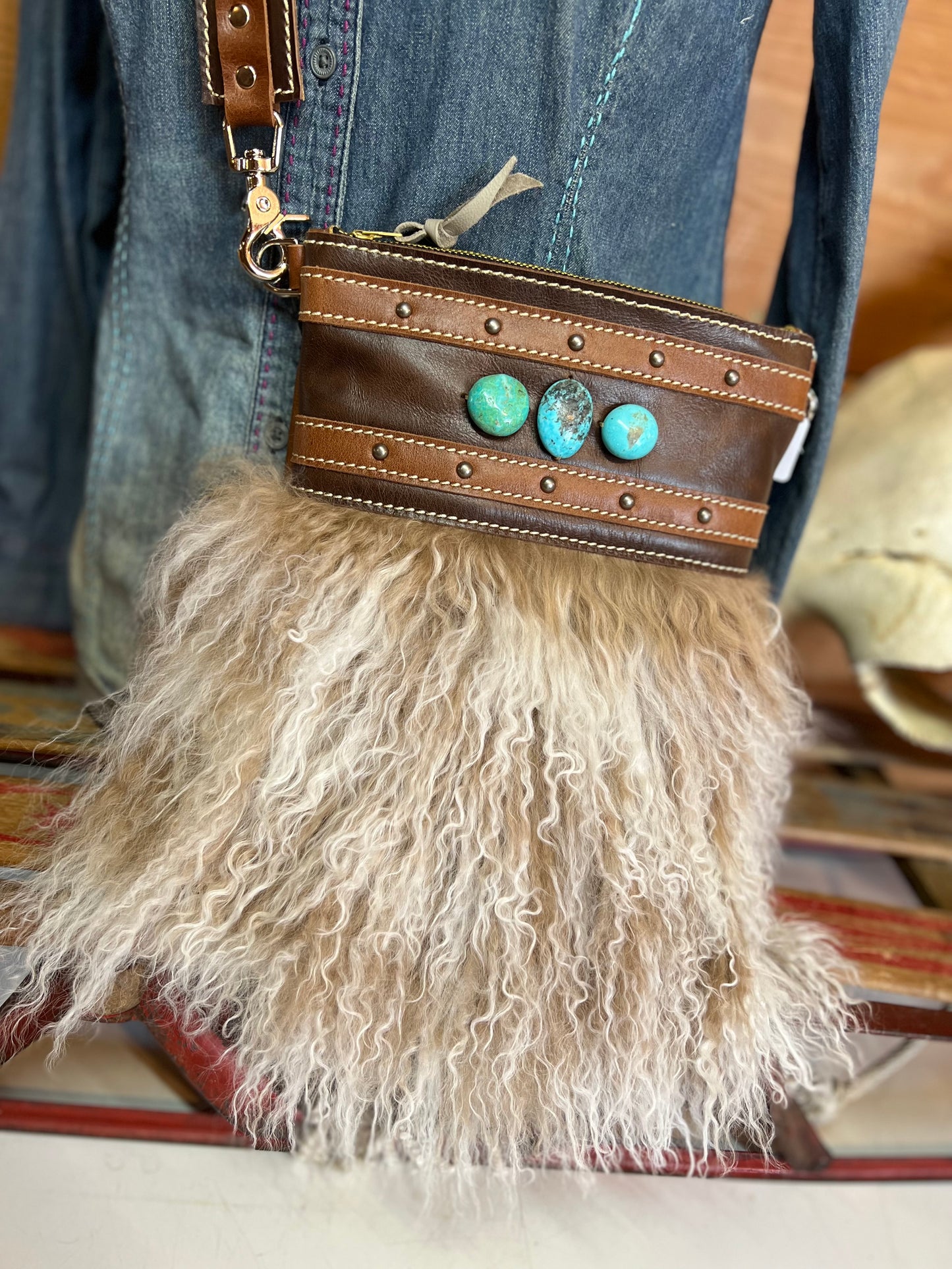 Crossbody Bag - Tibetan Lamb & Kingman Turquoise