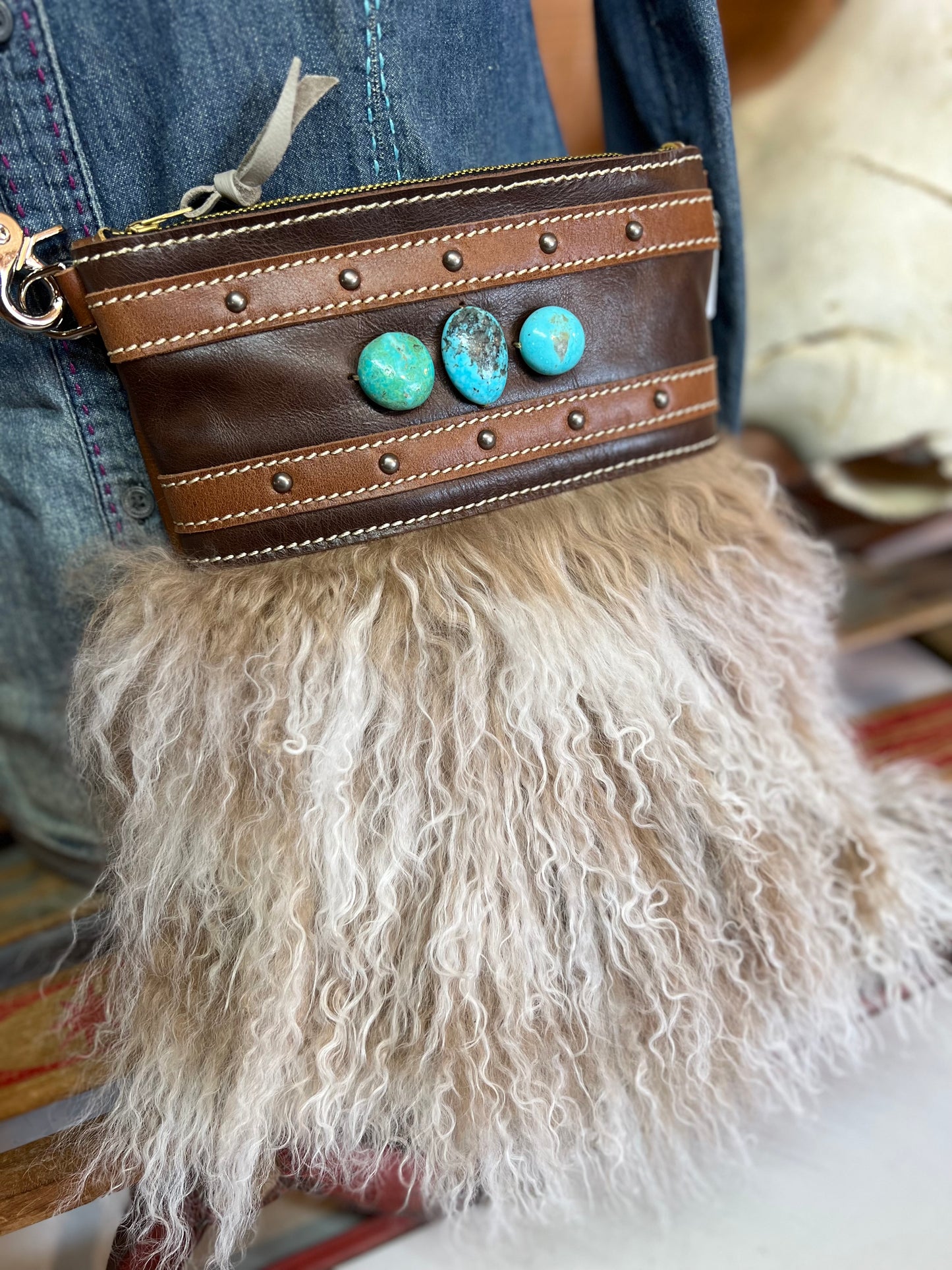 Crossbody Bag - Tibetan Lamb & Kingman Turquoise