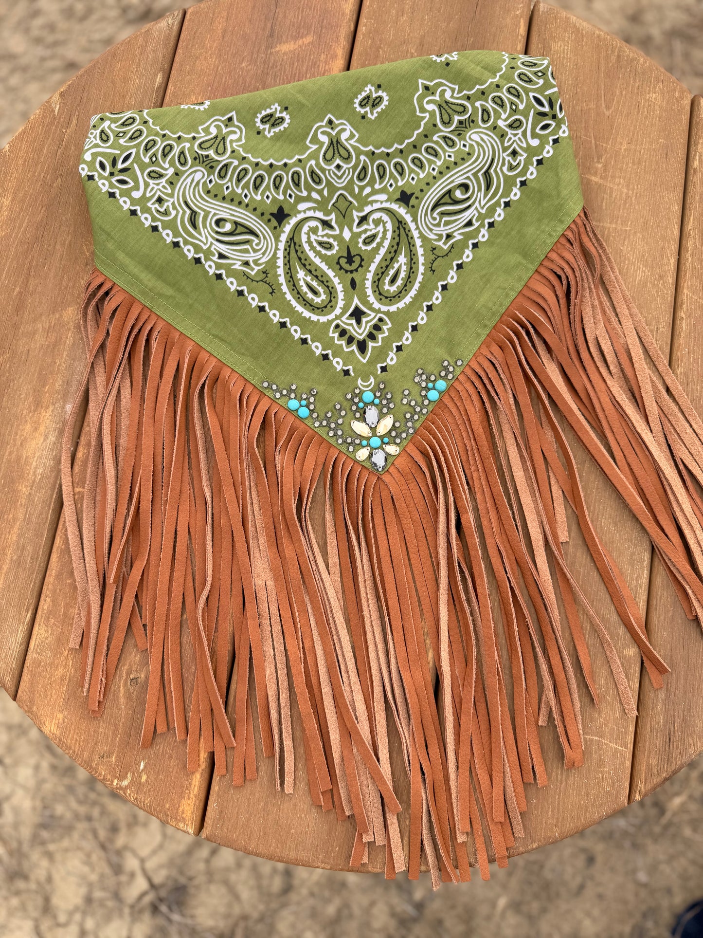 Embellished Fringe Bandana - Olive