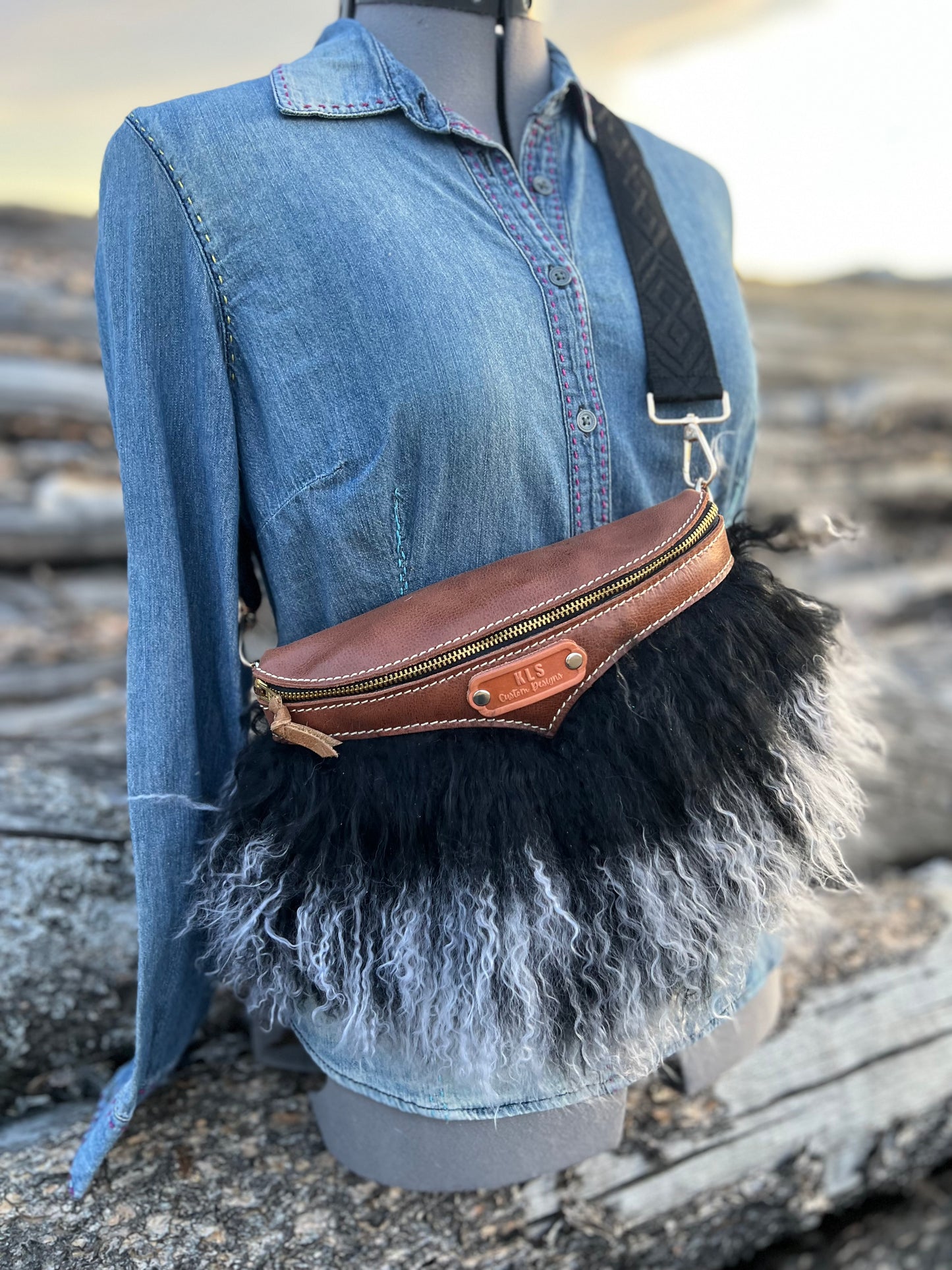 Sling Bag - Tibetan Lamb - Saddle Brown Leather + Black/White Tibetan