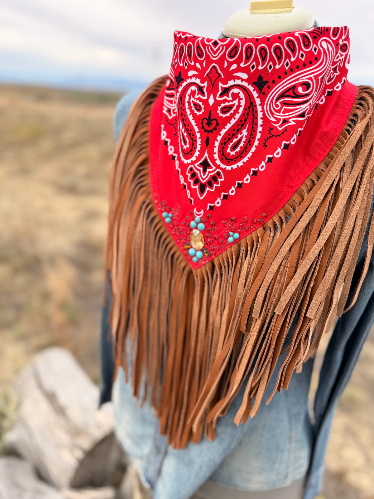 Embellished Fringe Bandana - Red