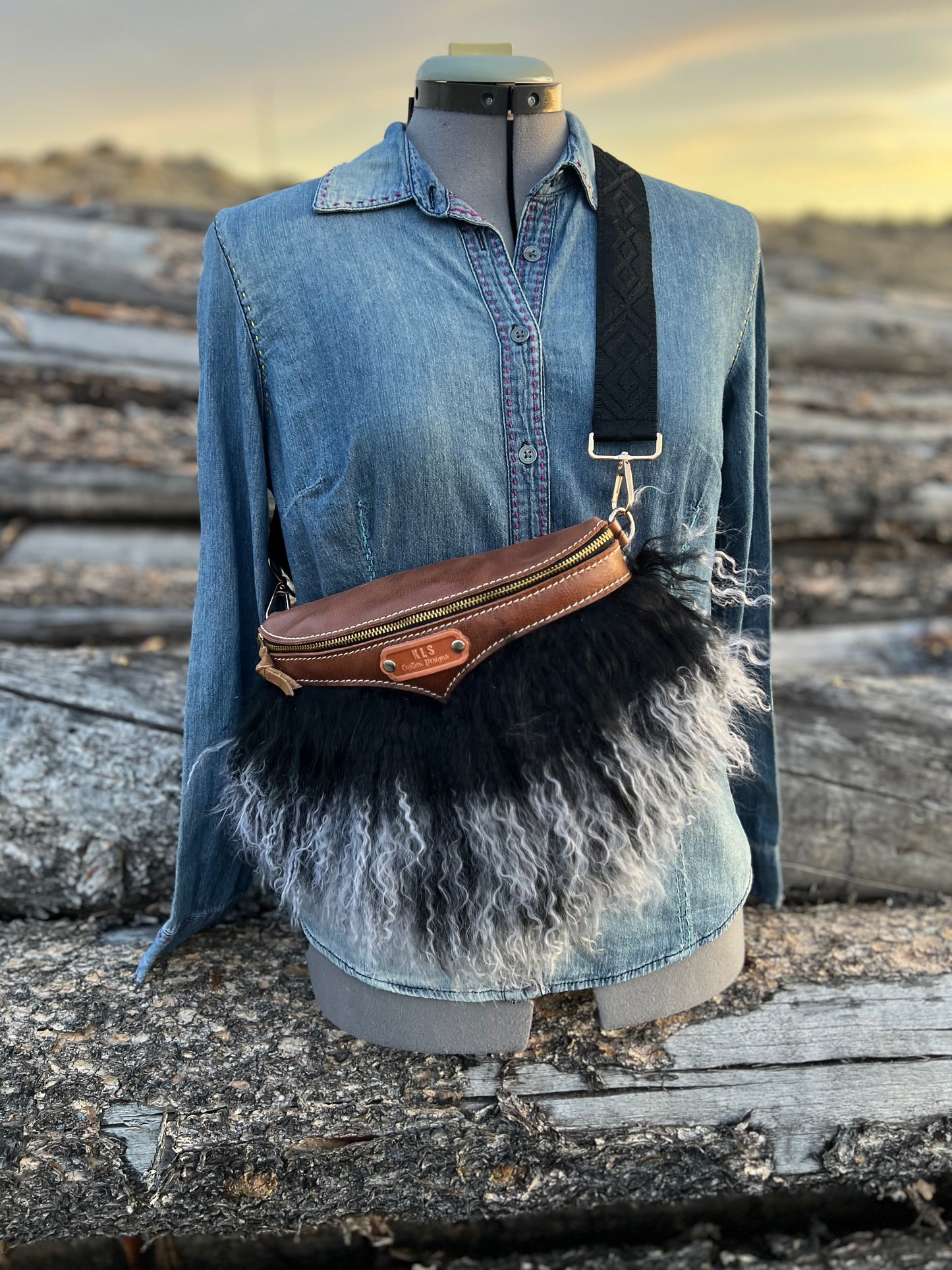 Sling Bag - Tibetan Lamb - Saddle Brown Leather + Black/White Tibetan